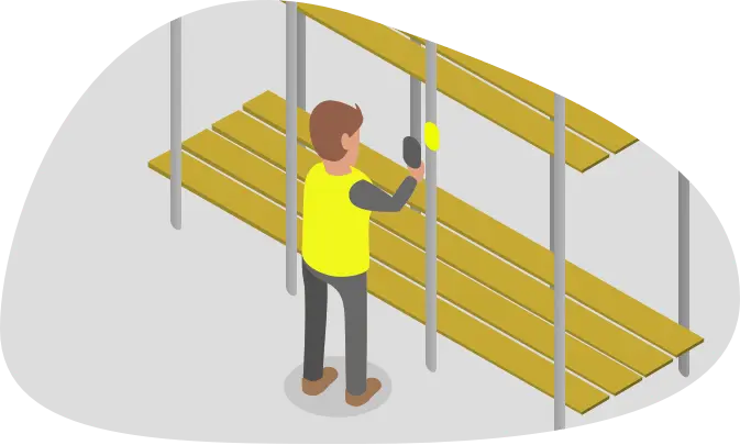 An cartoon of a man in a high vis vest holding a mobile phone to a yellow inspection hardware to perform a digital inspection. The inspection hardware is attached to a metal pole on a scaffold with wooden boards.