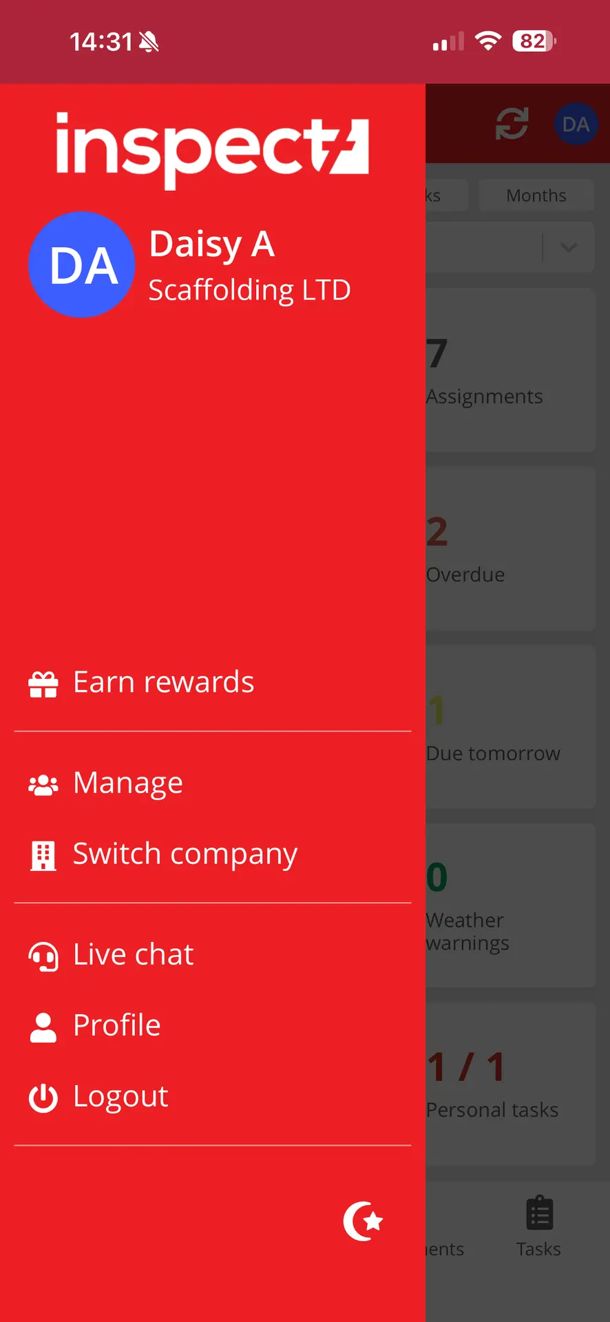 Screenshot for the Inspect7® App Side Bar